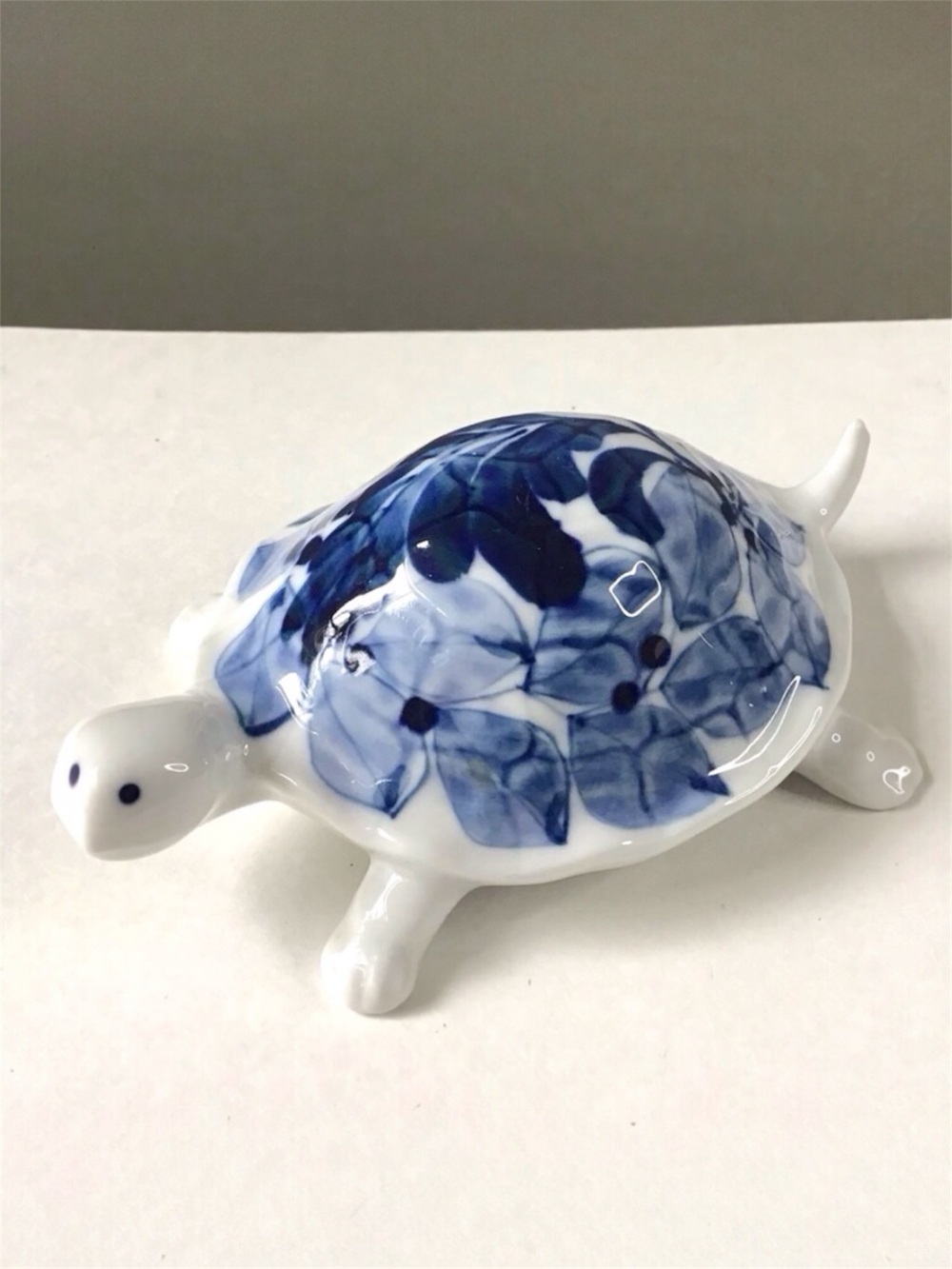 Little Switzerland Turtle Figurine Small 4” Blue & White Hand-Painted Porcelain